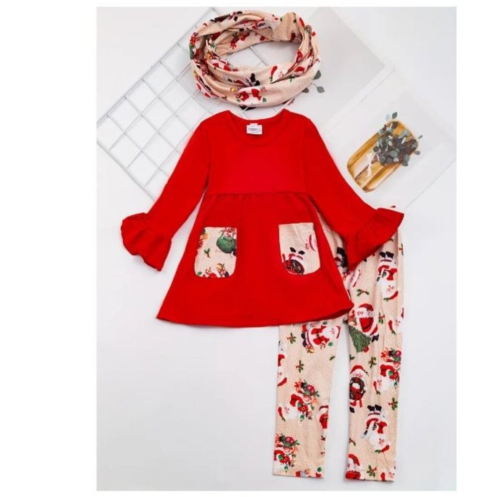 Boutique Santa Claus Tunic Dress Leggings Scarf Girls Christmas Outfit